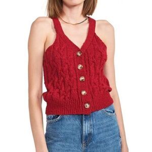 Anthropologie En Saison Fonda Red Racer Back Cable‎ Knit Sweater Vest Top Tank L